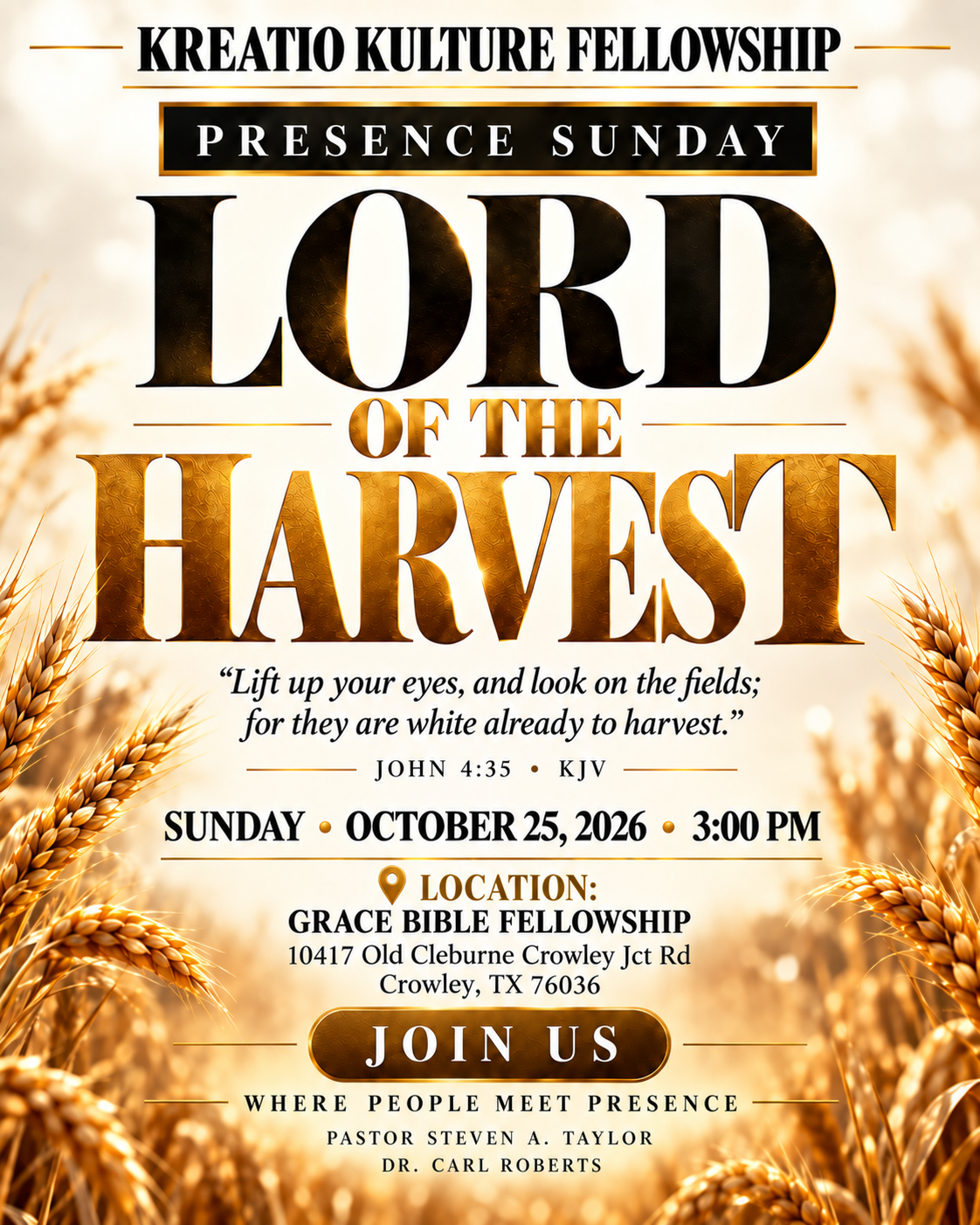 Lord of the Harvest Presence Sunday flyer for October 25, 2026